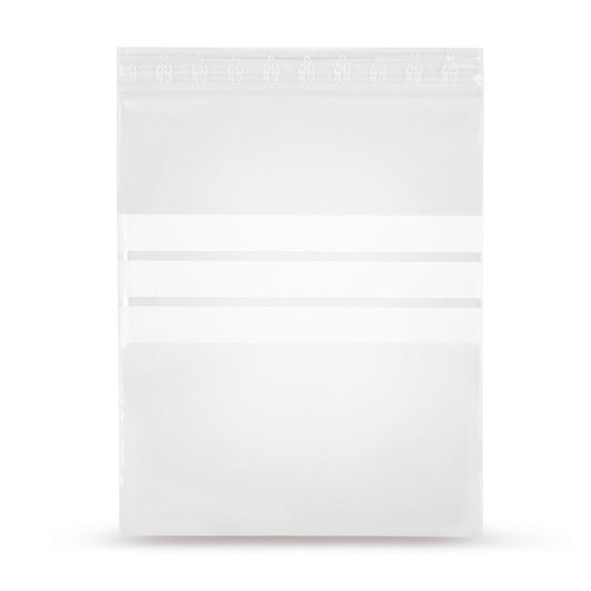 LDPE pressure seal bag with three white labeling strips, 90 base
